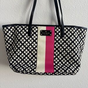 Kate Spade Classic Small Harmony Tote Bag Black and Cream Tote with Pink Stripe